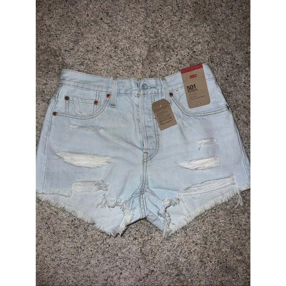 Levi's 501 Light Blue Distressed Denim Jean Shorts